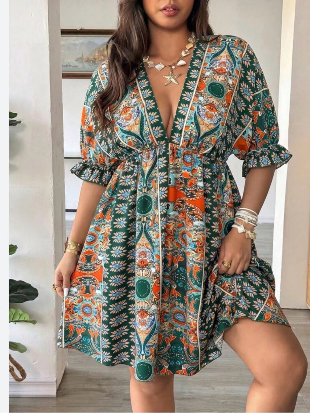 Sz L ladies Boho V-Neck Floral Print Mini Dress - Green & Orange 10 12 cover up
